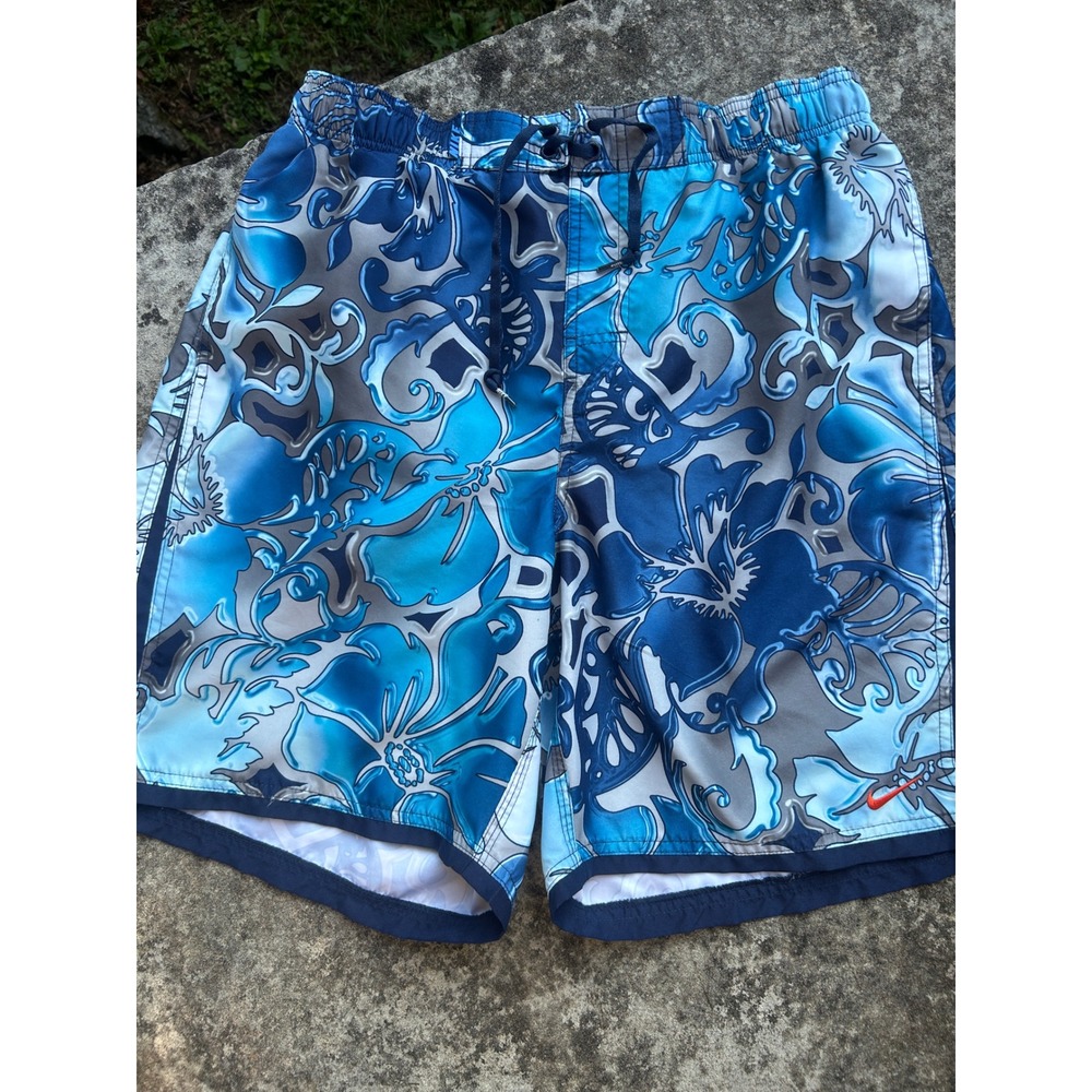 Nike Mens Blue Floral Hibiscus Swim Trunks Mesh‎ Liner Costal Blokecore surfer